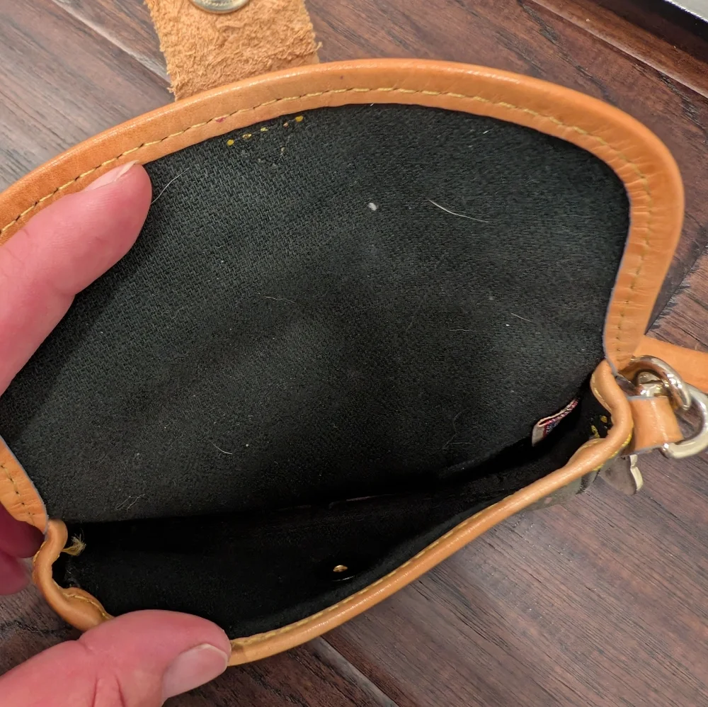 DOONEY & BOURKE Multicolor Monogram Wristlet Mini Bag with Brown Leather Strap